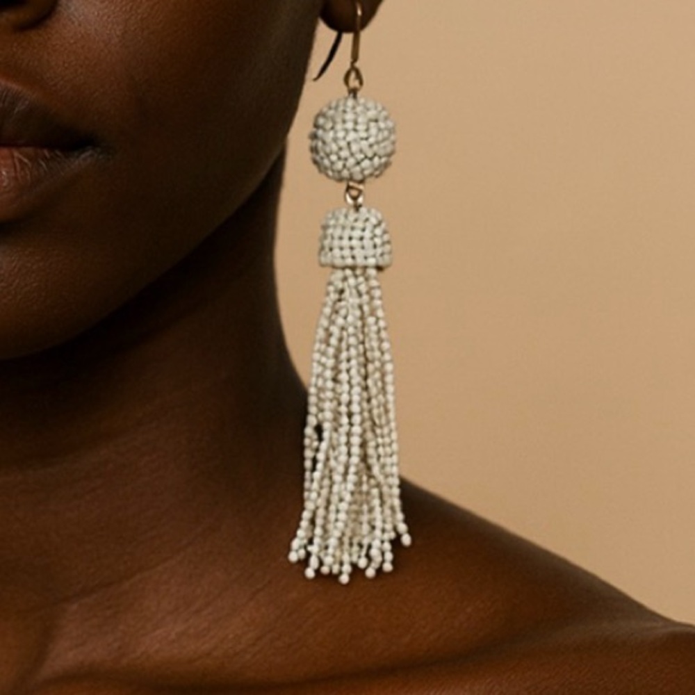 Beaded Elegant Silver Beaded Tassel Earrings Long Statement Drop Dangles